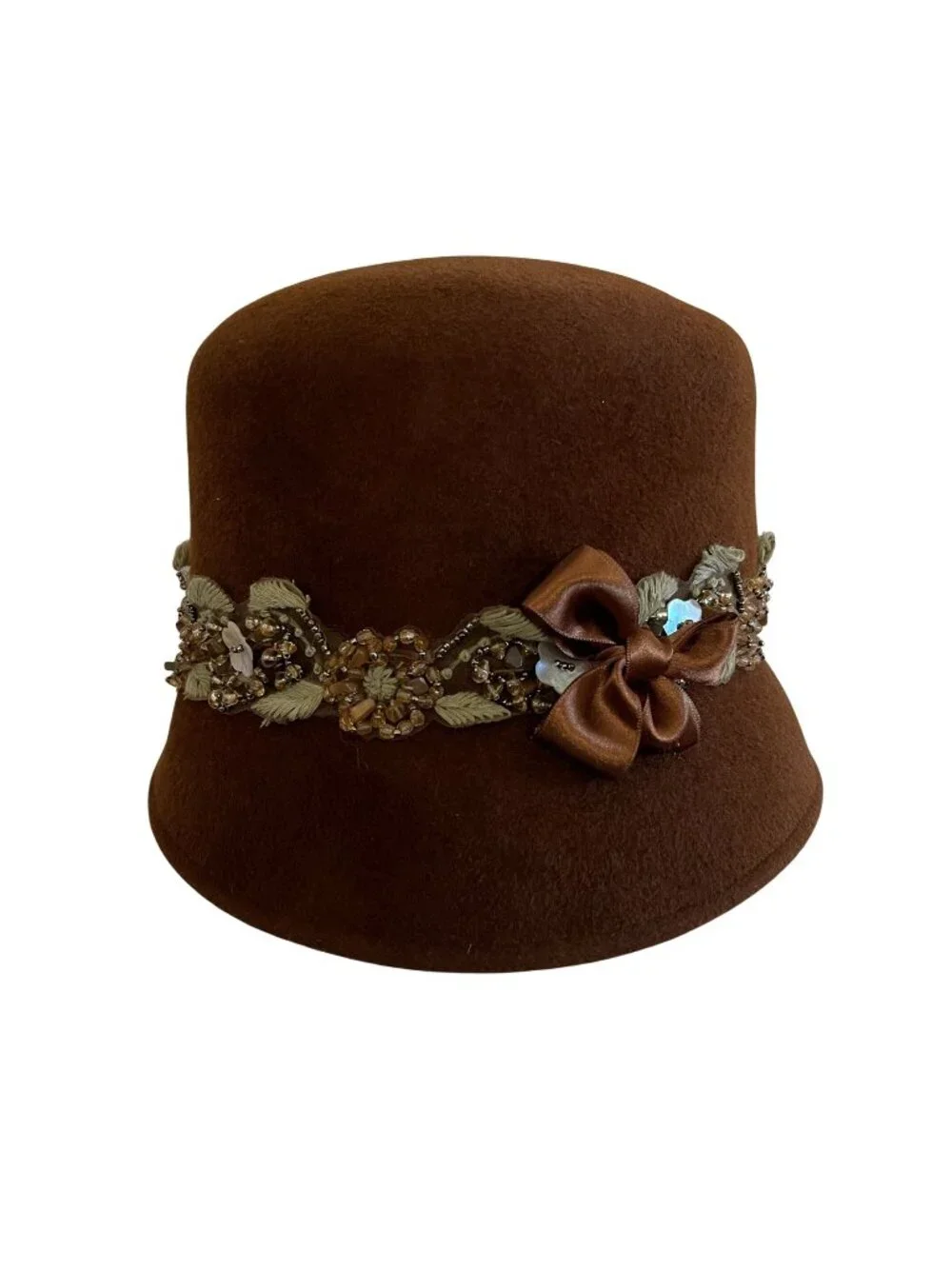 Louise Green Brown Felt Hat With Beaded Floral Trim & Bow Accent